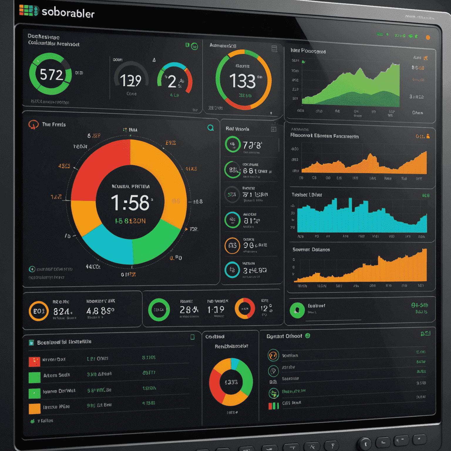 Dashboard d'Advanced IP Scanner affichant des alertes en temps réel, avec des graphiques colorés et des indicateurs de statut pour différents aspects du réseau